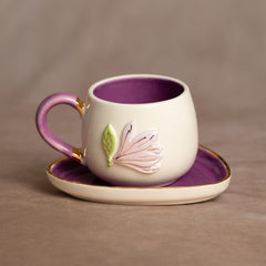 Teetasse | Kaffeetasse | Große Magnolie | Handgemacht aus Keramik getöpfert | Mit Echtgold Elementen | Designer Tasse