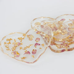 Untersetzer für Glas I Herz mit Echte Rosenblätter & Gold | 4er Set | Epoxy | Epoxidharz | Handgemacht | Getränkeuntersetzer | Tischdekoration