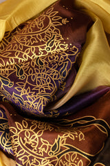 Seidentuch handbemalt | Seidenschal | Damen | Gelb-Lila-Braun | Elegant & Luxuriös | 100% Seide | 1600x500 | Einzigartiges Designerschal
