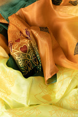 Seidentuch handbemalt | Seidenschal | Damen | Gelb Orange Grün | Elegant & Luxuriös | 100% Seide | 1600x500 | Einzigartiges Designerschal