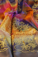 Seidentuch handbemalt | Seidenschal | Damen | Lila-Orange-Rosa-Grau | Elegant & Luxuriös | 100% Seide | 1600x500 | Einzigartiges Designerschal