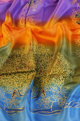 Seidentuch handbemalt | Seidenschal | Damen | Blau-Grün-Orange-Lila-Gelb | Elegant & Luxuriös | 100% Seide | 1600x500 | Einzigartiges Designerschal