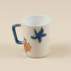 Teetasse | Kaffeetasse | „Leben im Meer" mit „Seestern&Muscheln verziert | Handgemacht aus Keramik getöpfert | Mit Echtgold Elementen | Designer Tasse