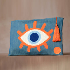 Handtasche für Damen | Nazar - Augen - Motiv | Orange-Jeans Blau | Damentasche | Handgemacht | 34 cm x 23,5 cm