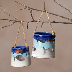 Keramik Teelichthalter | 2er Set | „Fisch“-Motiv verziert | Blau | Kerzenhalter | Handgemacht aus Keramik getöpfert | Handbemalt | Designer Stück
