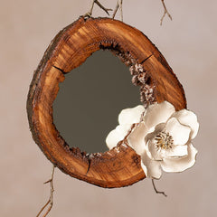 Holzspiegel | Keramikblüte | hochwertigem Kirschbaumholz | Handgemacht | Spiegel mit Holzrahmen | Wanddeko