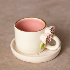 Teetasse | Kaffeetasse | Mit zwei „Rosen" verziert | Handgemacht aus Keramik getöpfert | Mit Echtgold Elementen | Designer Tasse