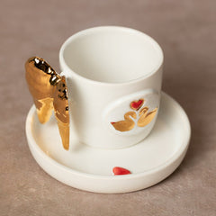 Teetasse | Kaffeetasse | Mit einem „Engelsflügel & 2 Schwäne" verziert | Handgemacht aus Keramik getöpfert | Mit Echtgold Elementen | Designer Tasse