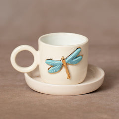 Teetasse | Kaffeetasse | Mit einer „Libelle“ verziert | Handgemacht aus Keramik getöpfert | Mit Echtgold Elementen | Designer Tasse