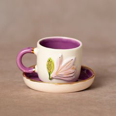 Teetasse | Kaffeetasse | Mit einer „Kleine Magnolie" verziert | Handgemacht aus Keramik getöpfert | Mit Echtgold Elementen | Designer Tasse