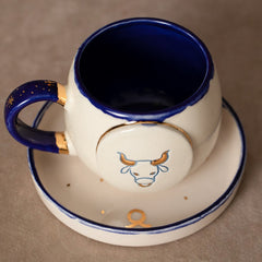 Teetasse | Kaffeetasse | Mit „Sternzeichen - Stier" verziert | Handgemacht aus Keramik getöpfert | Mit Echtgold Elementen | Designer Tasse