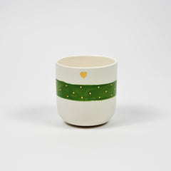 Teetasse | Kaffeetasse | Grün | Mit goldenen Herzen und Punkten | Mit Echtgold Elementen  | Handgemacht aus Keramik getöpfert | Designer Tasse