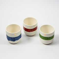 Teetasse | Kaffeetasse | 3er Set | Rot Blau Grün | Mit goldenen Herzen und Punkten | Mit Echtgold Elementen  | Handgemacht aus Keramik getöpfert | Designer Tasse
