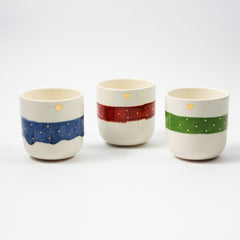Teetasse | Kaffeetasse | 3er Set | Rot Blau Grün | Mit goldenen Herzen und Punkten | Mit Echtgold Elementen  | Handgemacht aus Keramik getöpfert | Designer Tasse