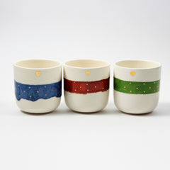 Teetasse | Kaffeetasse | 3er Set | Rot Blau Grün | Mit goldenen Herzen und Punkten | Mit Echtgold Elementen  | Handgemacht aus Keramik getöpfert | Designer Tasse